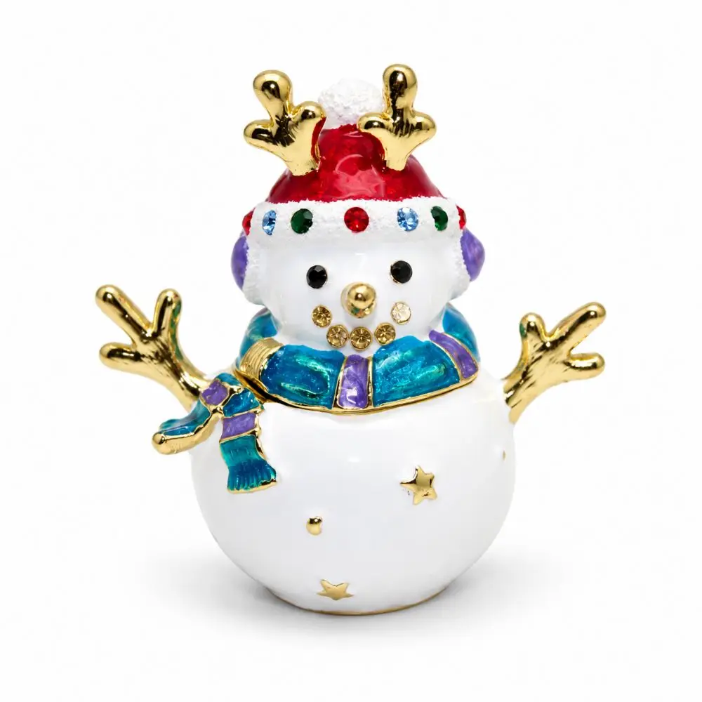 Metal Alloy Snowman Trinket Box Hinged Lid Magnetic Closure Enamel Trinket Box Crystal Embellishment Enamel Coating
