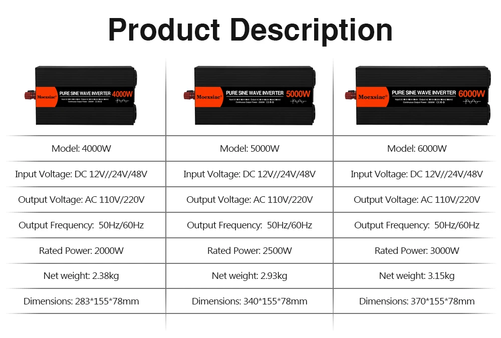 Solar Power Inverter 12v 24V 220v Pure Sine Wave 5000w 6000W 4000W DC AC 50Hz Voltage Converter Car Inverter European Sockets