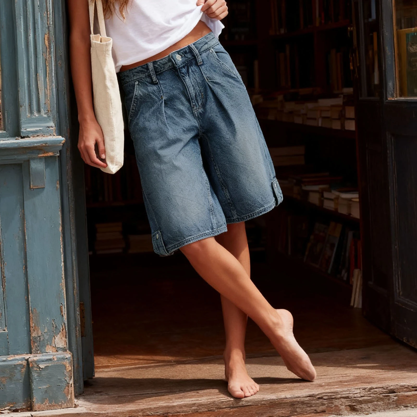 2026年春 レディース デニムショートパンツ、ヴィンテージ風膝丈ショートパンツ、ゆったりとした夏のカジュアルショートパンツ、ストリートウェア