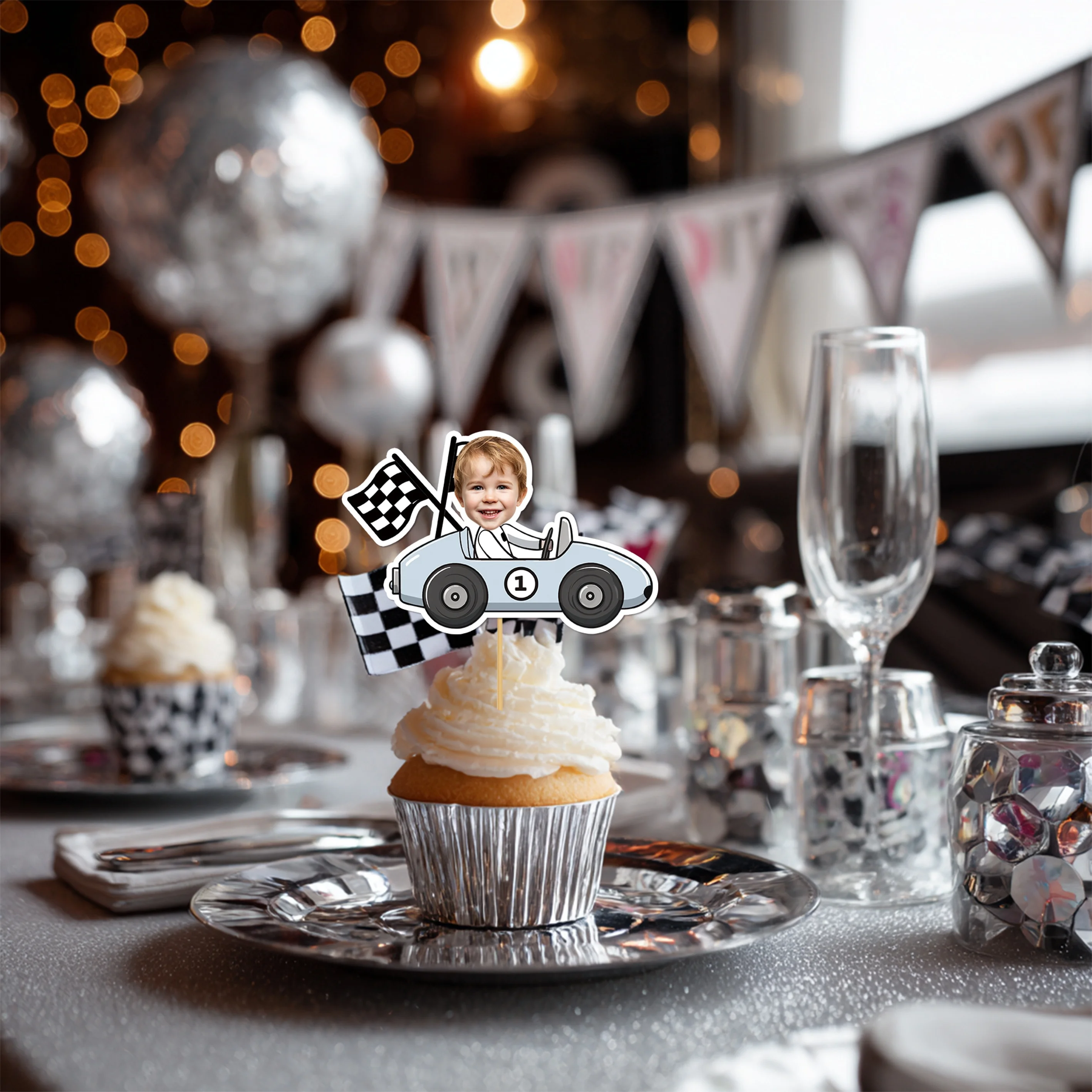 Personalized Racing-Themed Cupcake Decorations, Custom Racing Driver Face Cupcake Toppers, Suitable for 1St, 2Nd, and 3Rd Birthday Party Cake Decorations, Let's Go Racing Sports-Themed Supplies, Fast One/Two-Themed Racing Birthday Celebrations view 5