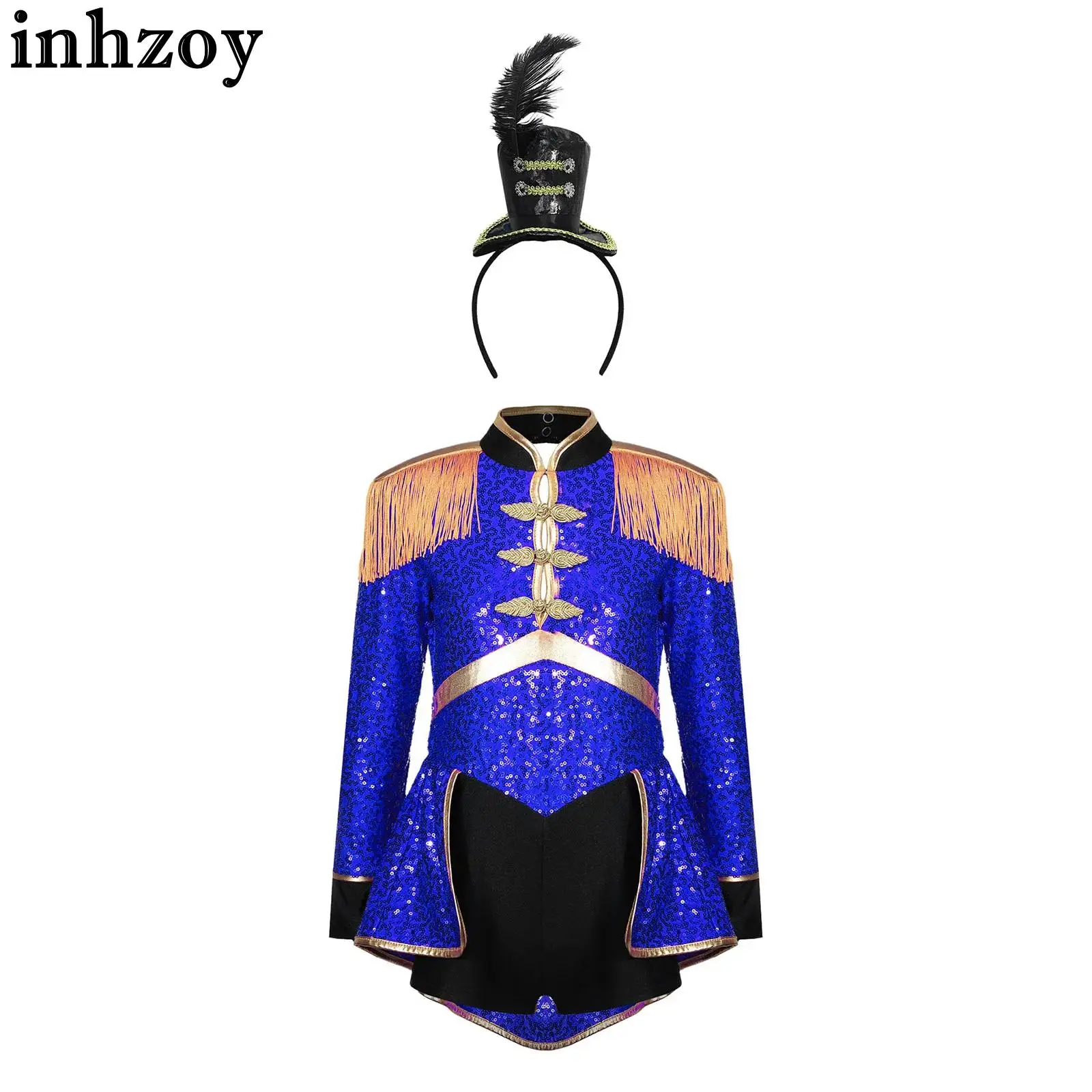 Kids Girls Long Sleeve Sequin Circus Ringmaster Bodysuit Dress with Top Hat Headband Halloween Carnival Party Cosplay Costume