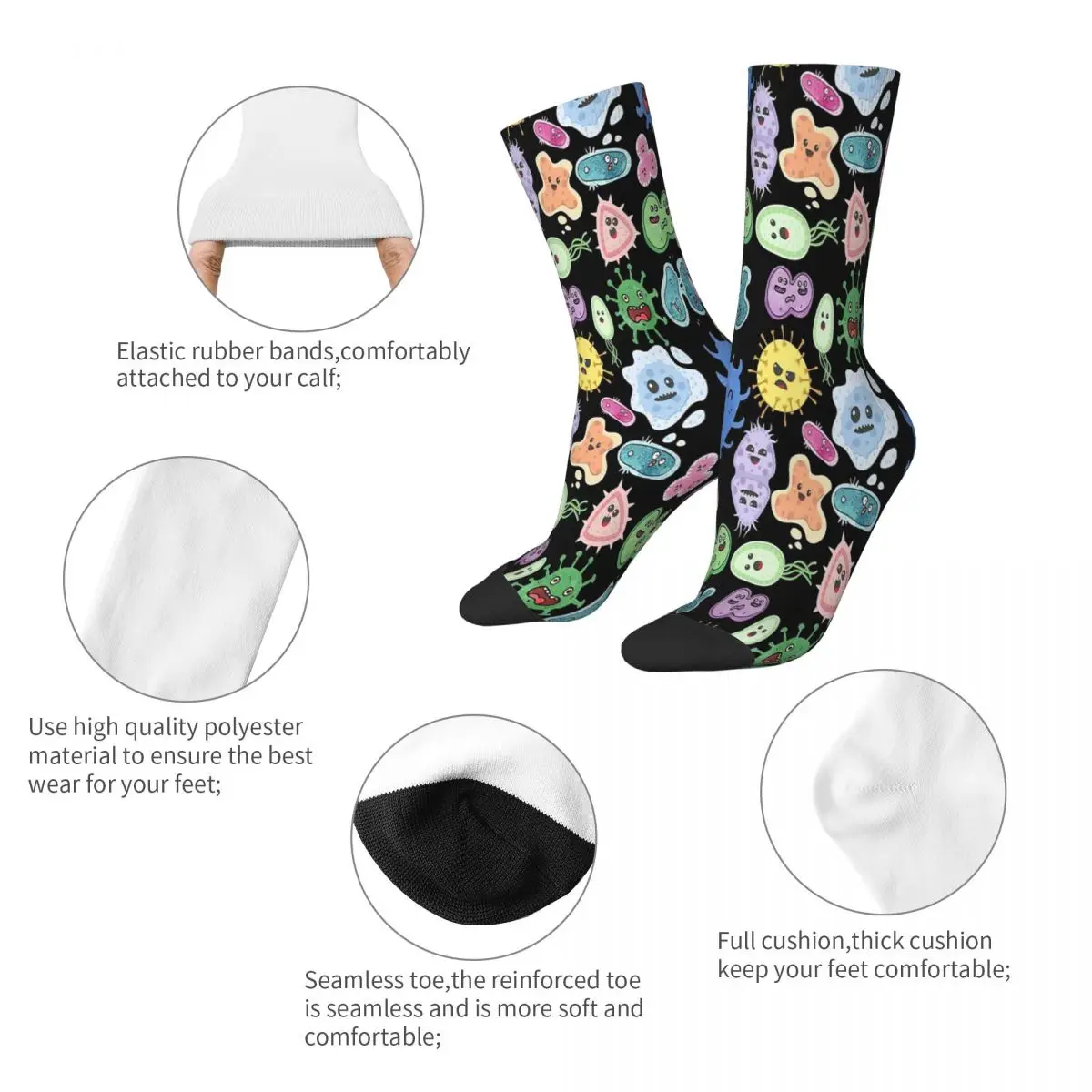 Chaussettes sans couture pour hommes et femmes, avec des Microbes mignons, des bactéries, des Virus, des ecola, de la chimiothérapie, des