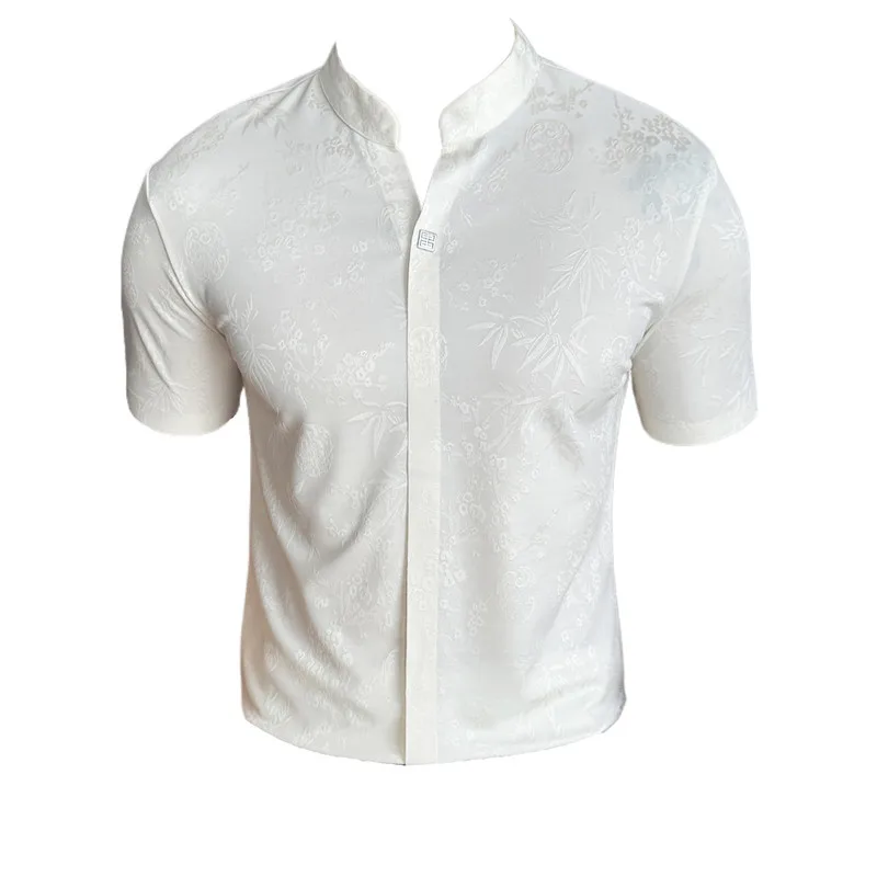 New Chinese Style Stand-up Collar Seamless Polo Shirts Summer Fashion Jacquard Short Sleeve Slim Elasticity Breathable T-shirt