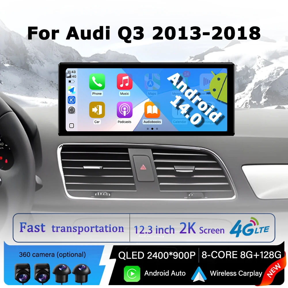 

for Audi Q3 2013 - 2018 Android 14 Car Radio Intelligent Multimedia Video Player Wireless Carplay DSP Stereo GPS Navigation BT
