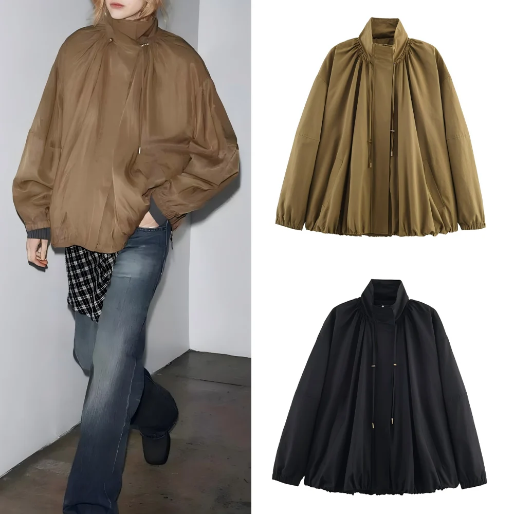 

Women's 2025 new fashion pleated design loose stand collar flight jacket Coat retro long sleeved zipper women's Coat chic top