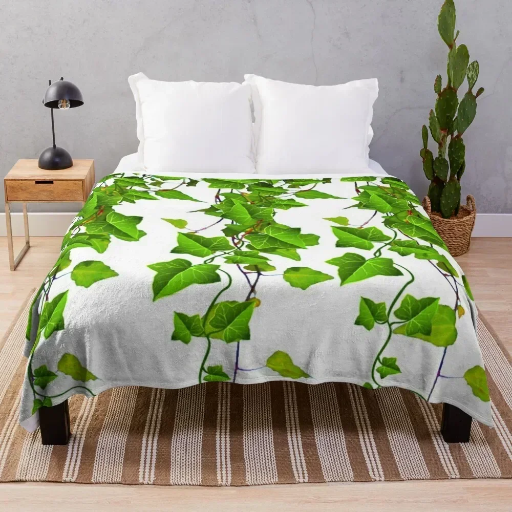 

DECORATIVE SPRING GREEN TRAILING IVY VINES ON WHITE Throw Blanket Hairy Thermal Blankets