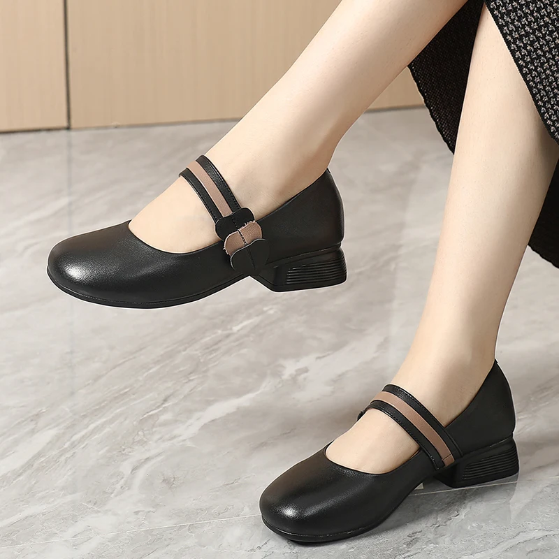 GKTINOO 2024 Autumn New Fashion Pumps Handmade Flower Large Size Shoes Woman Thick Low Heels Soft Soles Genuine Leather Shoes