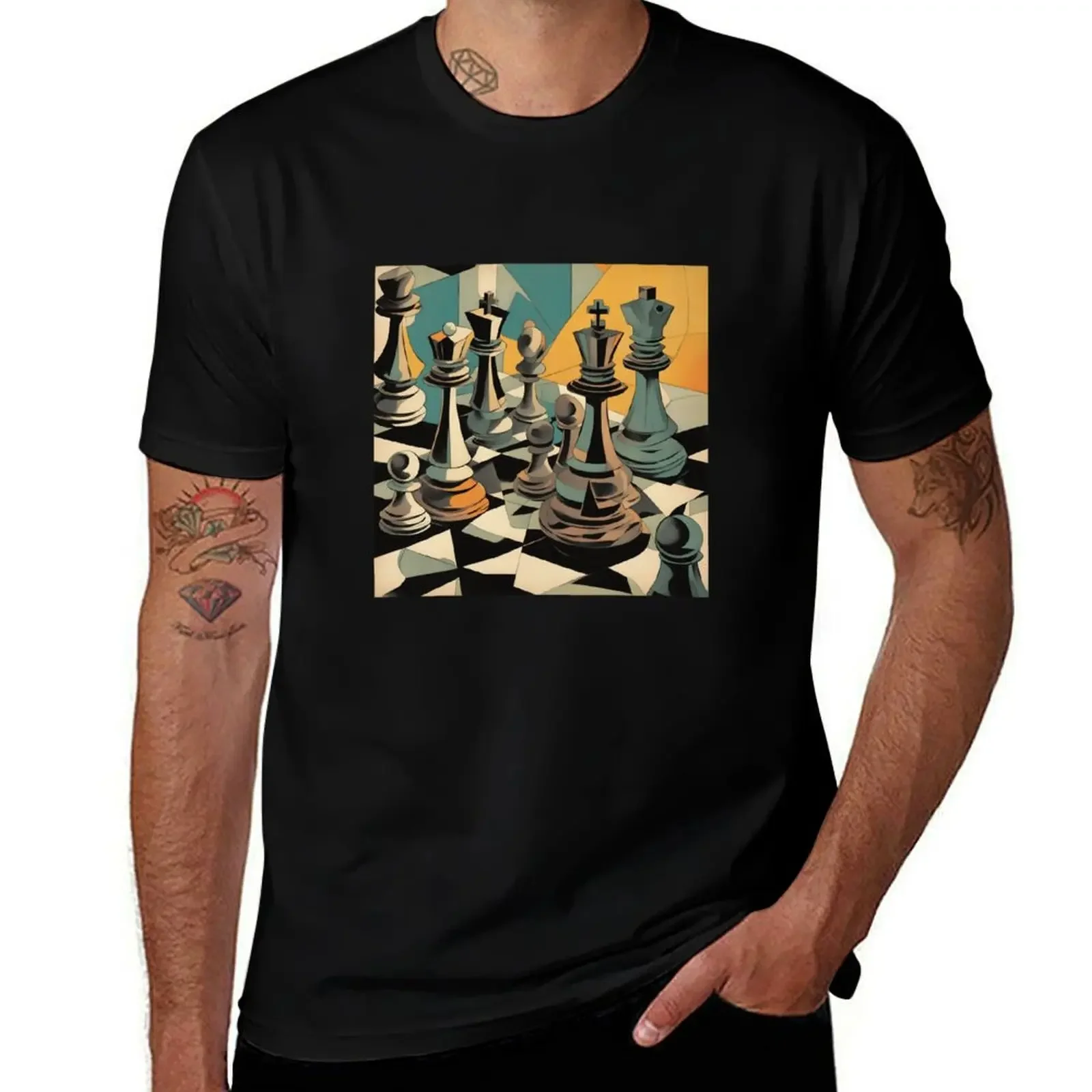 Chess Pieces & Chessboard - Artsy Cubism Surreal T-Shirt customs vintage graphic tee graphic tee shirt luxury clothes men