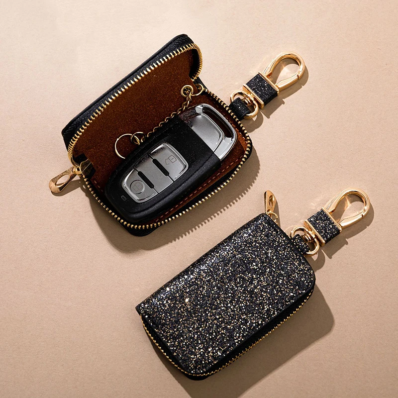 Shiny PU Key Pouch Zipper Key Holder Organizer Car Key Bag Keychain Wallet Fashion Simple Key Case Bag Car Key Protect Cover