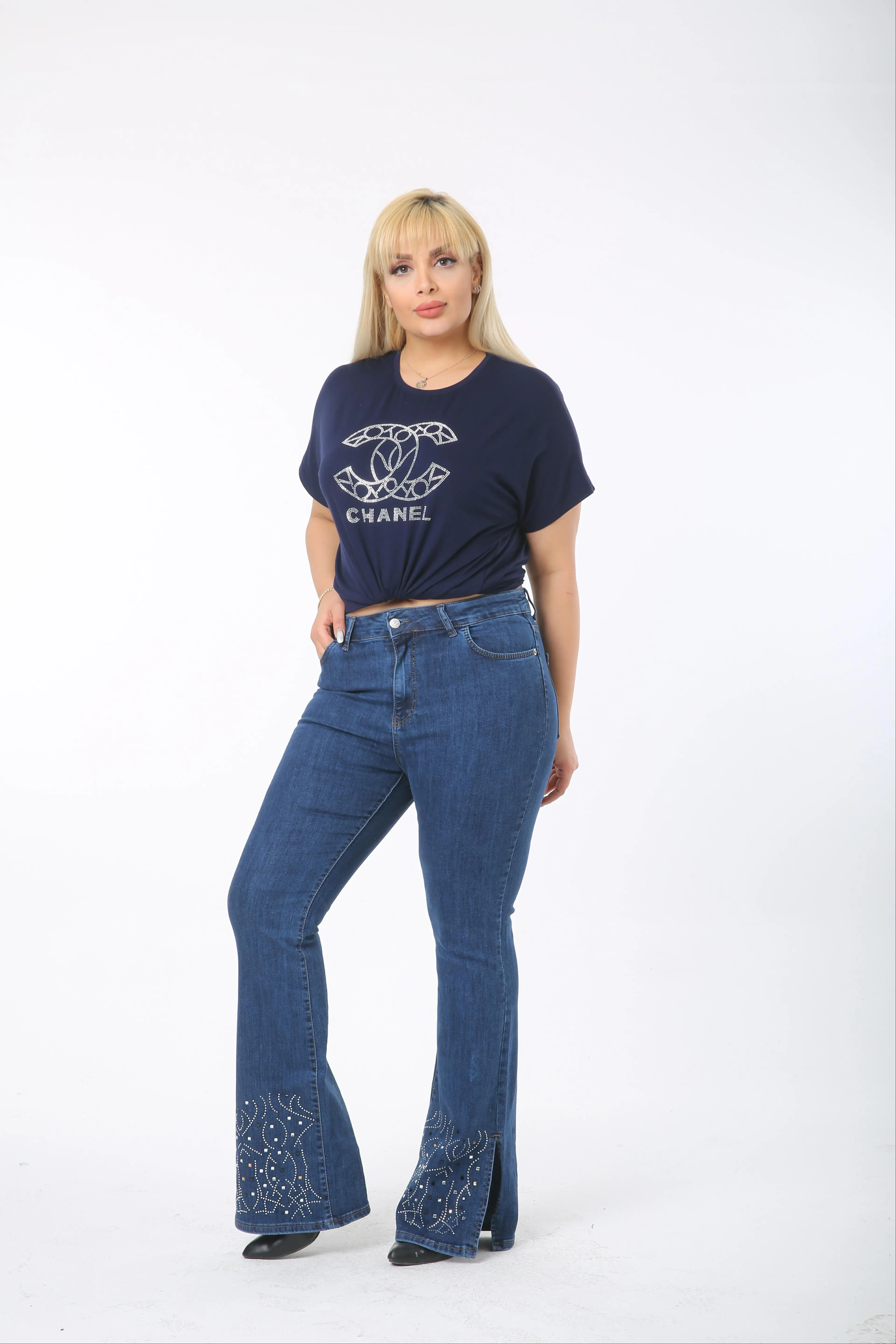 Diaves Women Plus Size Fashion High Waist Wide Leg Ankle Ripped Pearl Stone Embroidered Denim Pants Turkish Quality