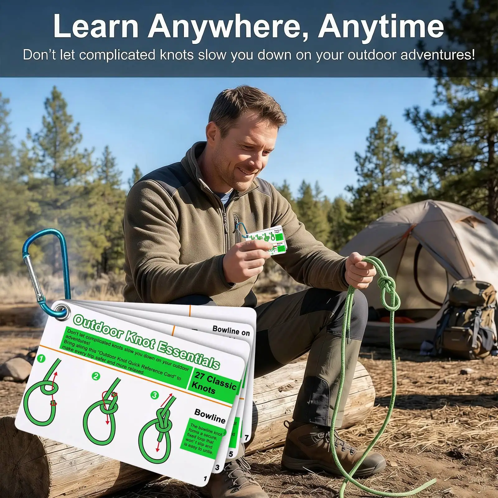 7PCS/SET Outdoor Knot Essentials Cards 27 Classic Knots Guide with Mini Carabiner, Durable Pocket Reference for Camping Backpack