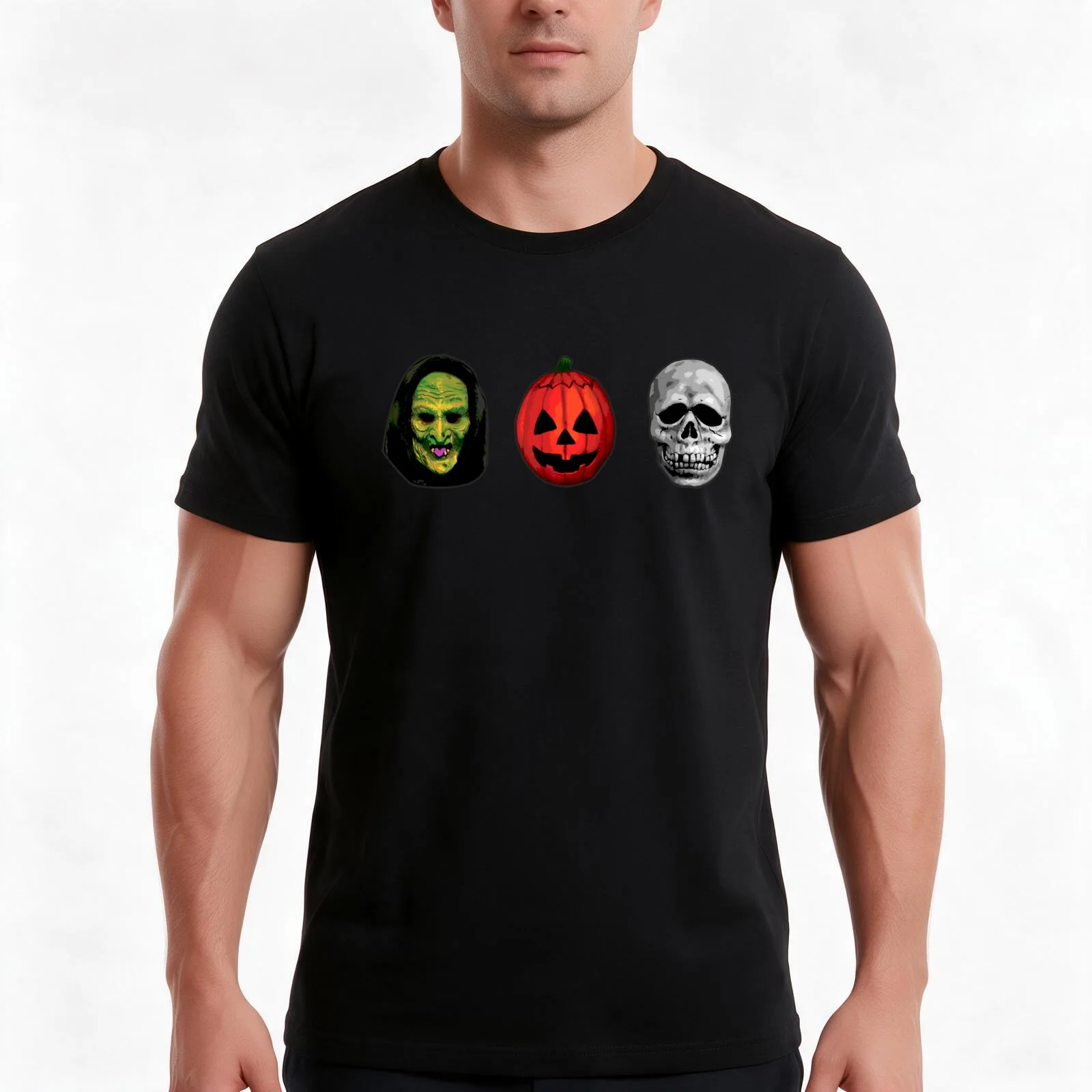 Halloween 3 masks - witch, pumpkin and skull T-Shirt, Summer Casual Cotton Tee, Oversized Streetwear Tops, Vintage Graphic Print