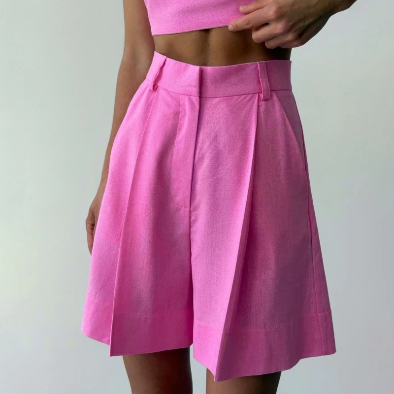 2026 Summer New High Waisted Pleated Linen Loose Wide Leg Casual Suit with Simple Shorts for Women