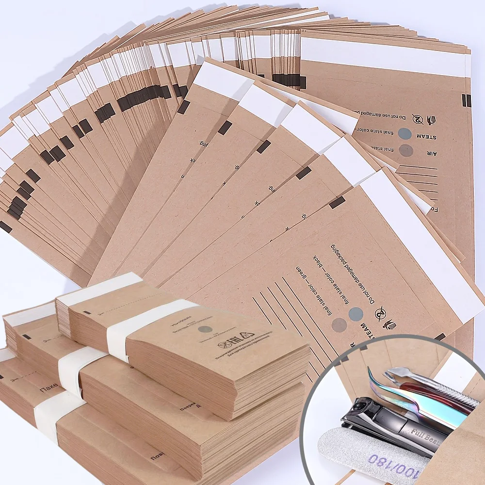 

200/100pcs Nail Sterilizer Manicure Bag Kraft Bags Dry Heat Disposable Sterilization Disinfection Machine Clean Pouch Bags