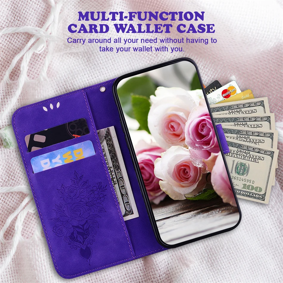 Cute Roses Phone Case For OnePlus One Plus 10R 10 9 8 8T Pro Nord N200 N100 N20 N10 CE2 CE 2 5G ACE Card Slots Wallet Cover D26G