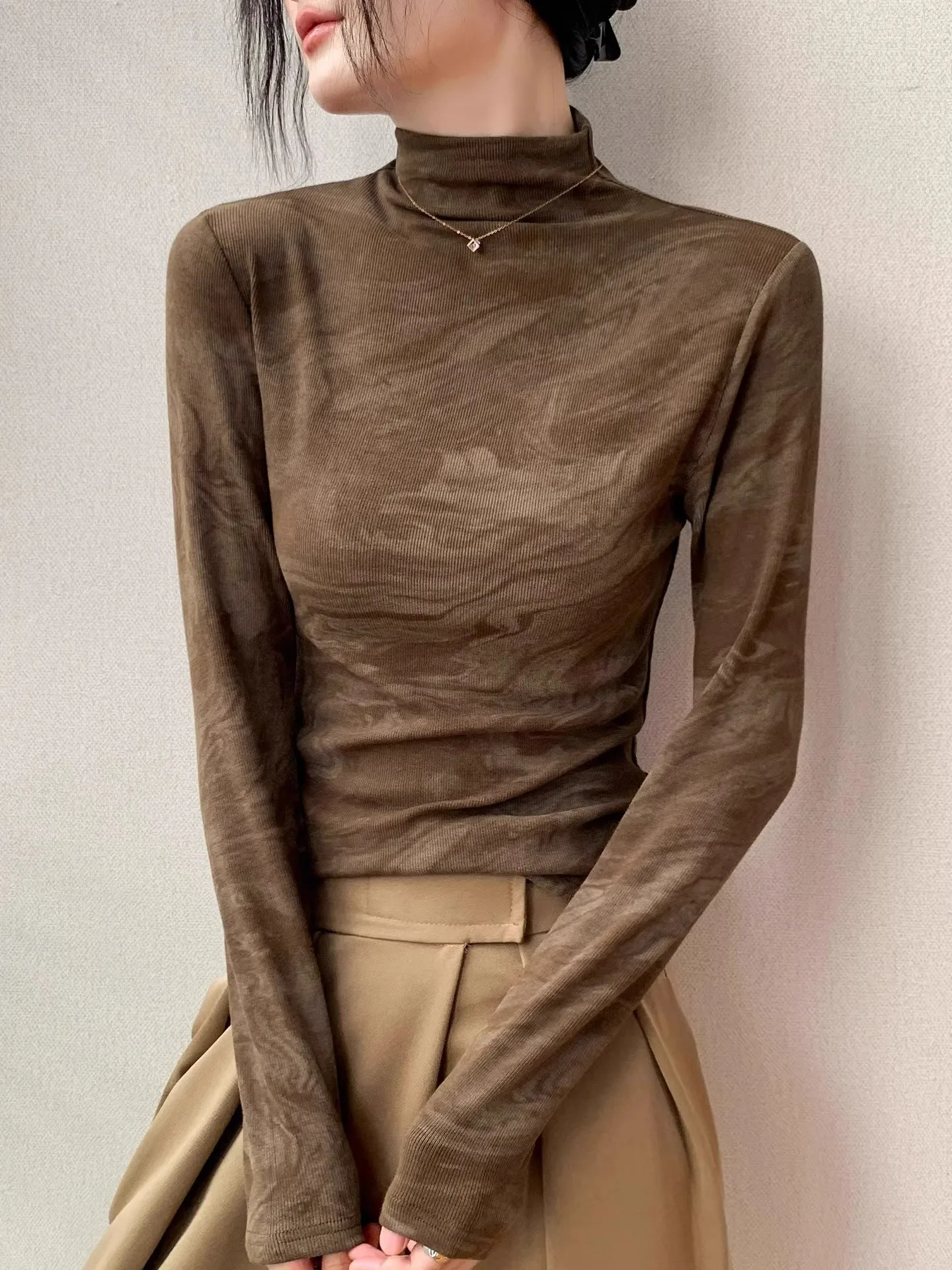 

Women Tshirt Korean Half High Neck Tie Dye Shoulder Drop Long Sleeve Slim Fit Coffee Color Retro Classic Autumn Casual Inner Top