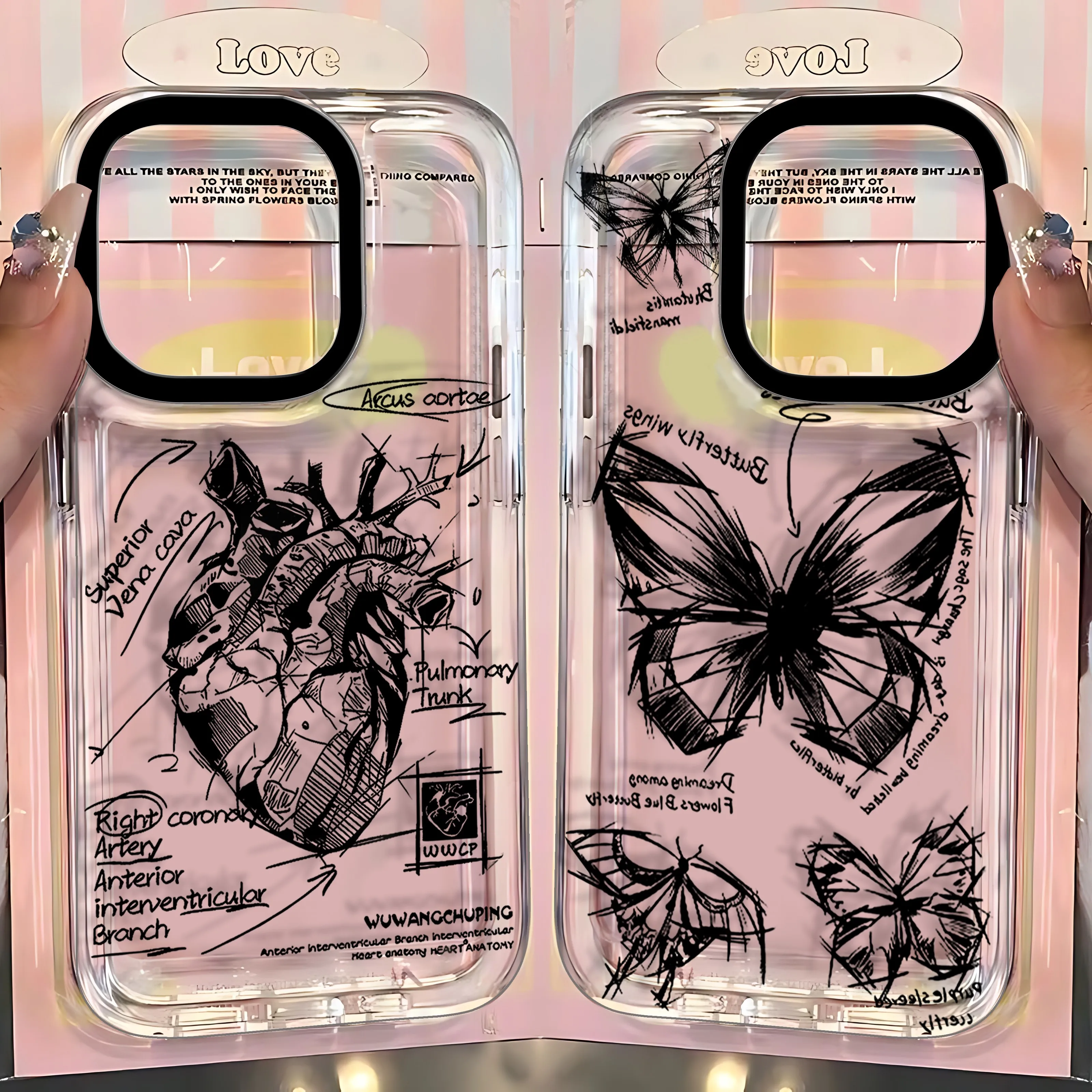 Artistic Sketch Heart Butterfly Clear Space Phone Case For Vivo T1 V15 V23 V23E V25 V29 V29E V30E V40 5G Pro Transparent Cover