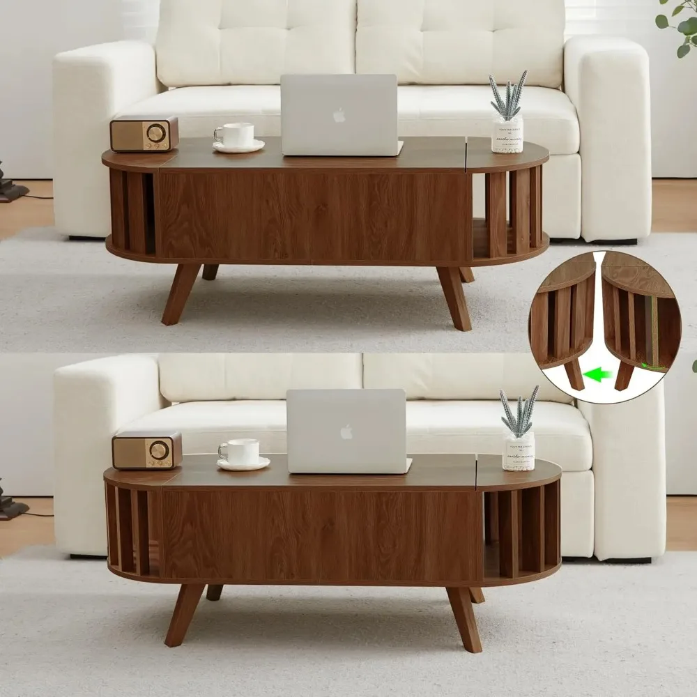 Mesa de centro superior de madeira com armazenamento oculto, mesa elevatória oval de 47,24 ", design de perfil curvo, mesa de chá baixa para sala de estar, escritório