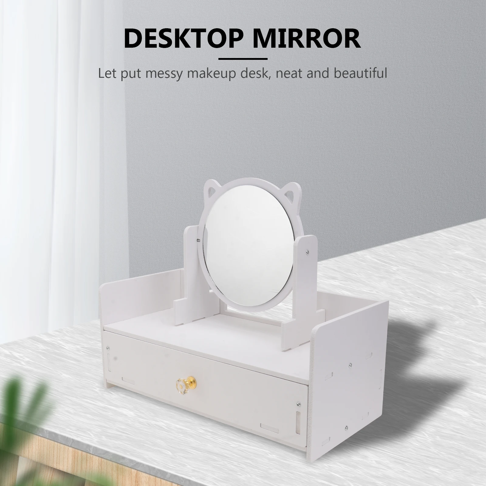 

Wooden Glass Makeup Mirror Storage Box White Desktop Girl Travel 360° Rotatable Cosmetics Jewelry Holder Clear Surface