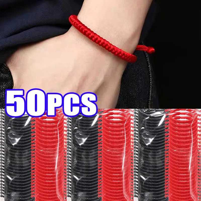 1/50 Piezas de Pulseras Hechas a Mano con Cuerda Trenzada Ajustable en Rojo y Negro para Mujeres y Hombres, Pulseras de Moda para Parejas