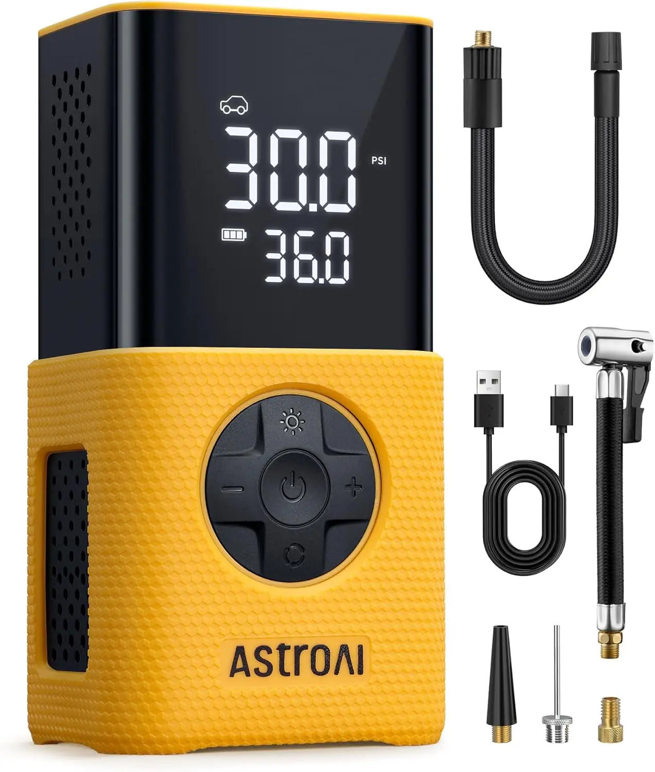AstroAI Tire Inflator L7S Portable Air Compressor Cordless Bike Air Pump with Digital Dual Values Display, 150 PSI Car Tires Pump with LED Lights Air Pump for Auto, Motorcycles, Bikes, Balls Yellow