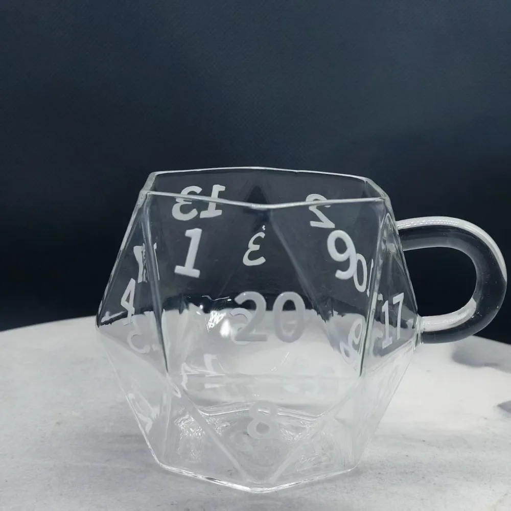Transparent Glass Rainbow D20 Dice Mug with Handle Fantasy Themed Polyhedral Dice Coffee Cup Game Mug for RPG Lovers