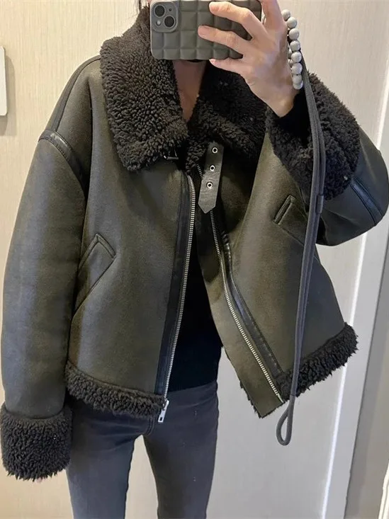 

Двусторонняя куртка из овечьей шерсти свободного кроя с отложным воротником, женская верхняя одежда из полиэфирного волокна, длинный рукав, застежка-молния, цветная