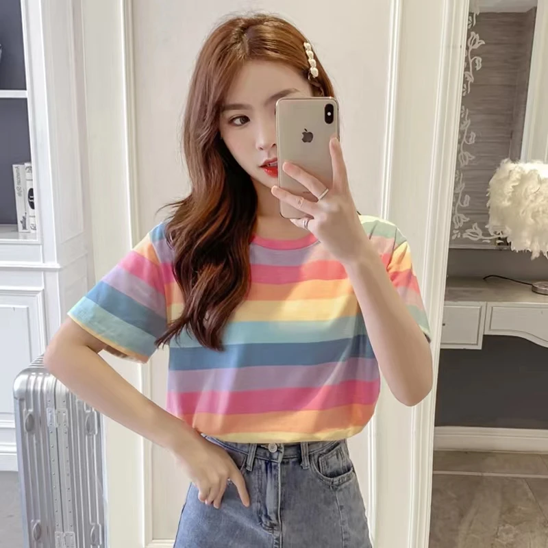 OUMEA Women Rainbow Striped Tees Short Sleeve Summer Casual Loose Beach Colorful Stripe Tshirt Korean Sweet Cropped Cotton Tees