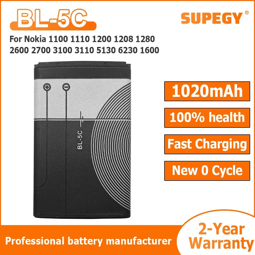 BL-5C BL5C 3.7V 1020mAh Lithium Polymer Phone Battery For Nokia 1100 1110 1200 1208 1280 2600 2700 3100 3110 5130 6230 1600