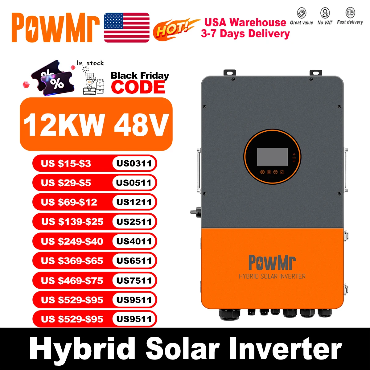 PowMr US 12KW 48V Split Phase Solar Inverter 120Vac/208Vac/240Vac Output Build in MPPT 200A Controller&WI-FI Max PV 550Vdc Input