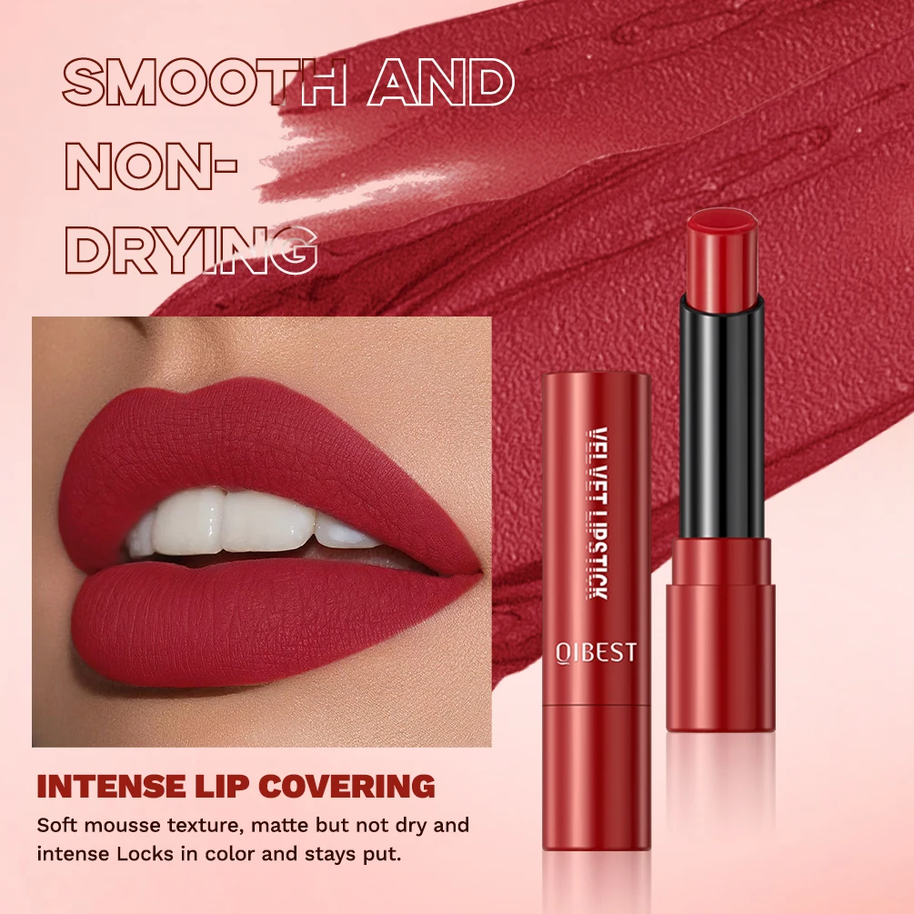 QIBEST Matte Lipstick Long Lasting Velvet Mist Lip Stain Non-Stick Cup Classic Highly Pigmented Sexy Red Lipstick New Makeup
