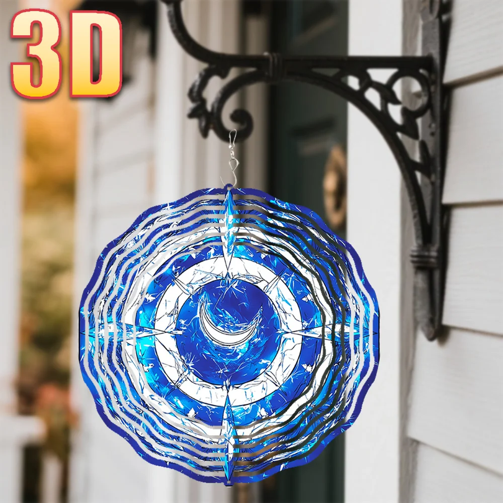 3D Celestial Blue Mystic Emblem Wind Spinner - 10 Inch Metal Art with 360 Swivel Hook for Garden Patio Dynamic Decor Gift
