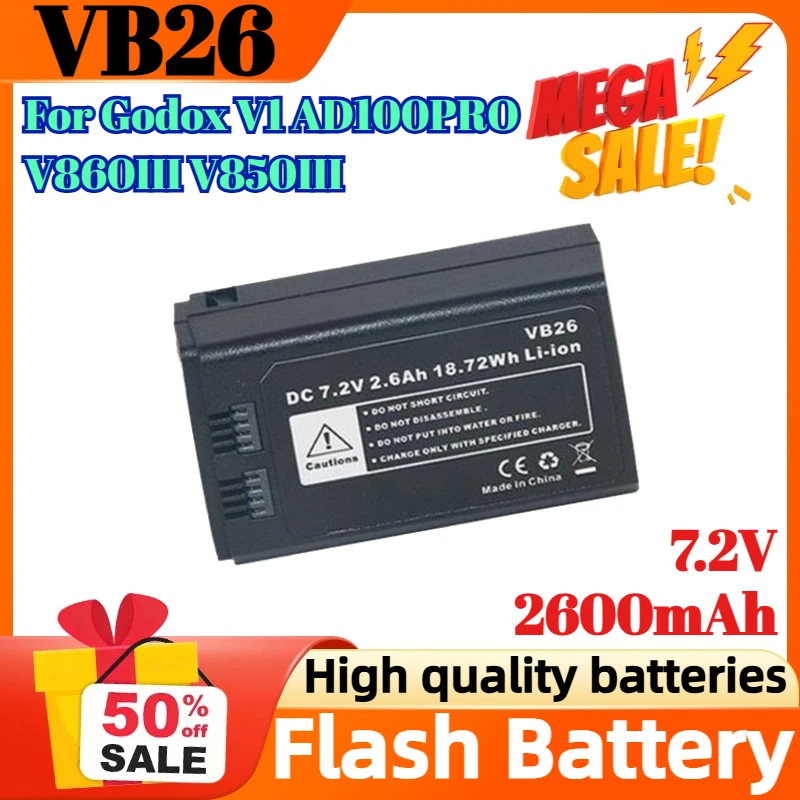 

7.2V 2600mAh VB26 Replacement Battery for Godox V1 AD100PRO V860III V850III 18.72Wh Flash Battery