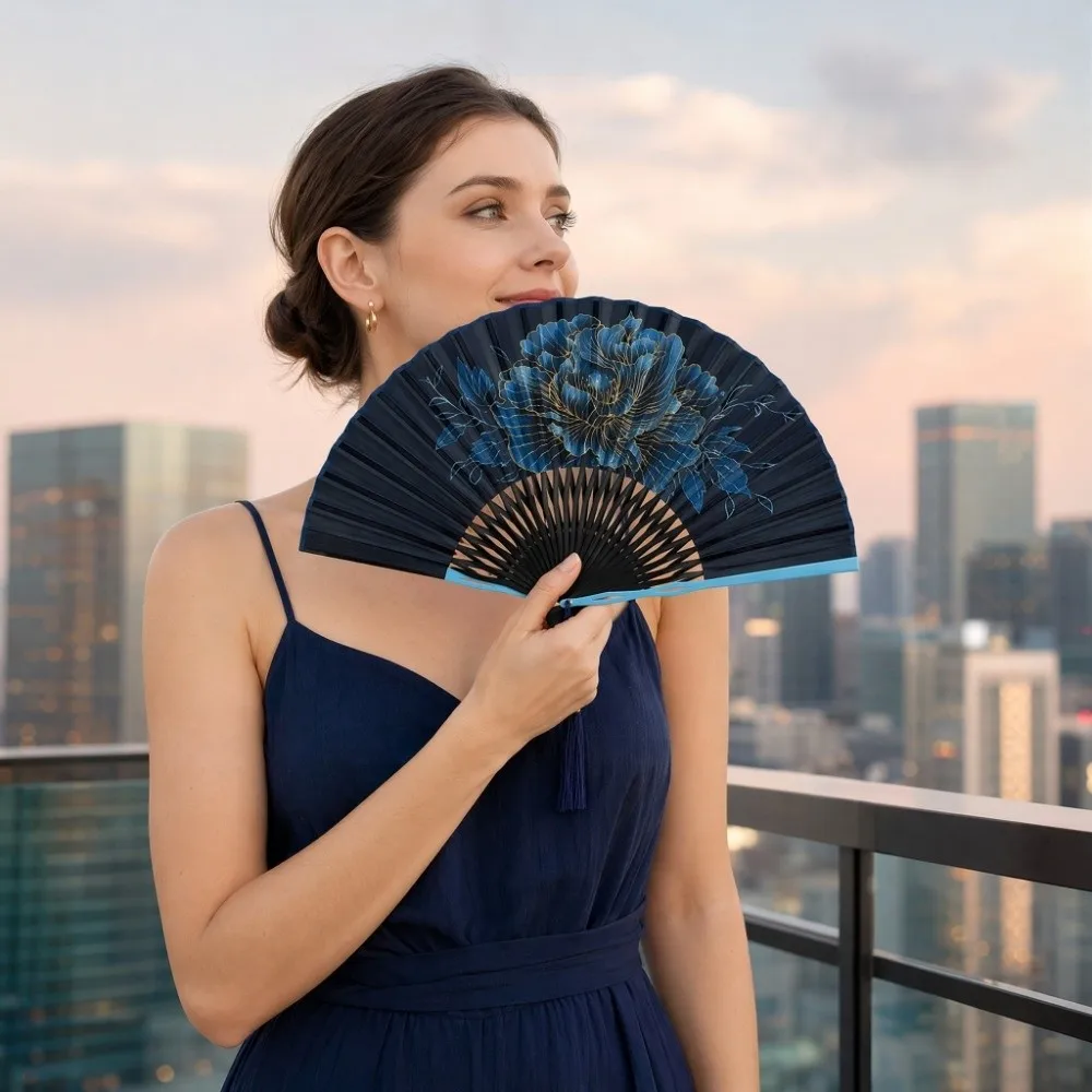 Silk Cloth Folding Hand Fan Peony Flower with Tassel Mini Shell Fan Decoration Bamboo Frame Retro Handheld Fan Gift Giving