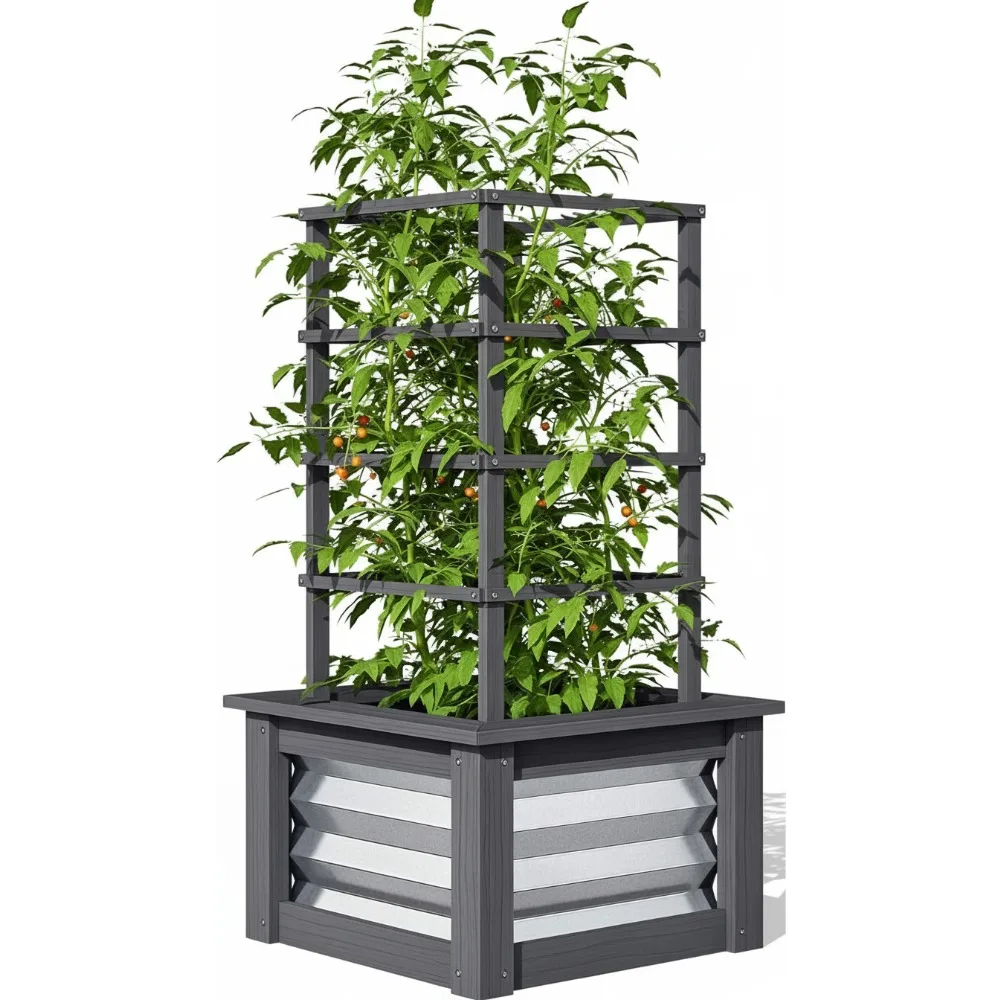 

Raised Garden Bed with Trellis, Wooden Planter Box for Climbing Plants, Flowers, Fruits Vegetables