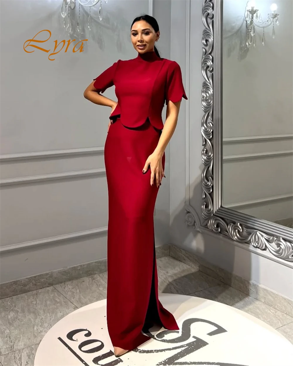 Customized Exquisite High Neckline Cap Sleeve Evening Dress Luxury Burgundy Satin Prom Dresses High Quality Party  Gowns