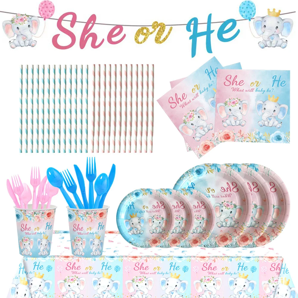 

Party Disposable Supplies Gender Disclosure Theme Tableware Cartoon Elephant Paper Plate Napkin Cup For She Or He Party
