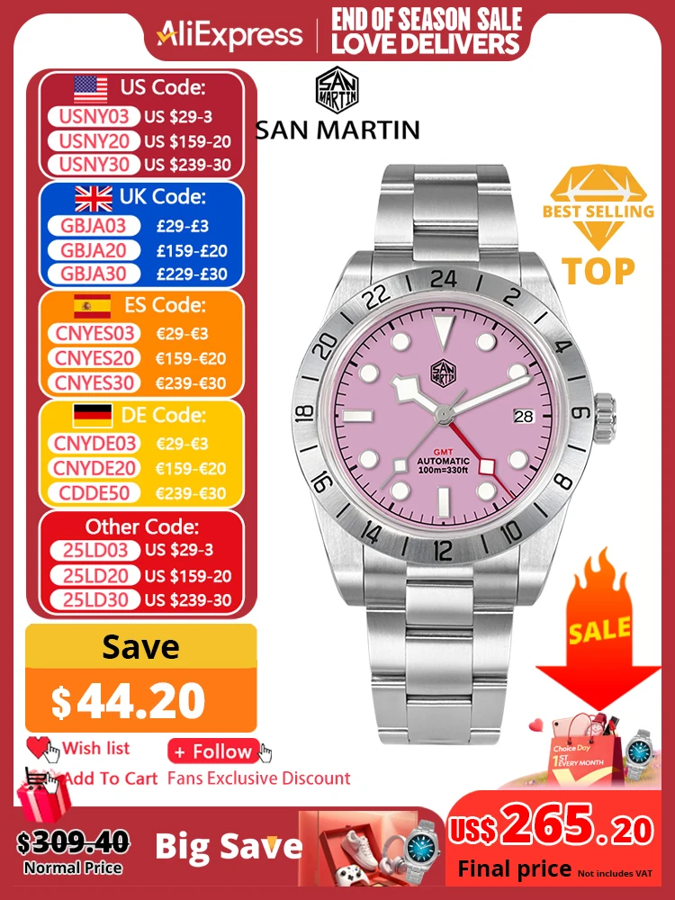 San Martin Pink Dial BB GMT NH34 39mm Classic Luxury Business Men Watch Automatic Mechanical Sapphire Waterproof Relojes SN0054