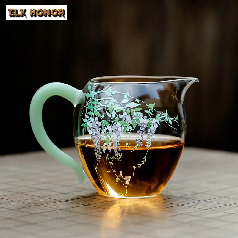 300ml Elegant Wisteria Flower Glass Tea Pitcher Green Jade Handle Sharing Pot Cha Hai Coffee Justice Cup for Tea Accessories