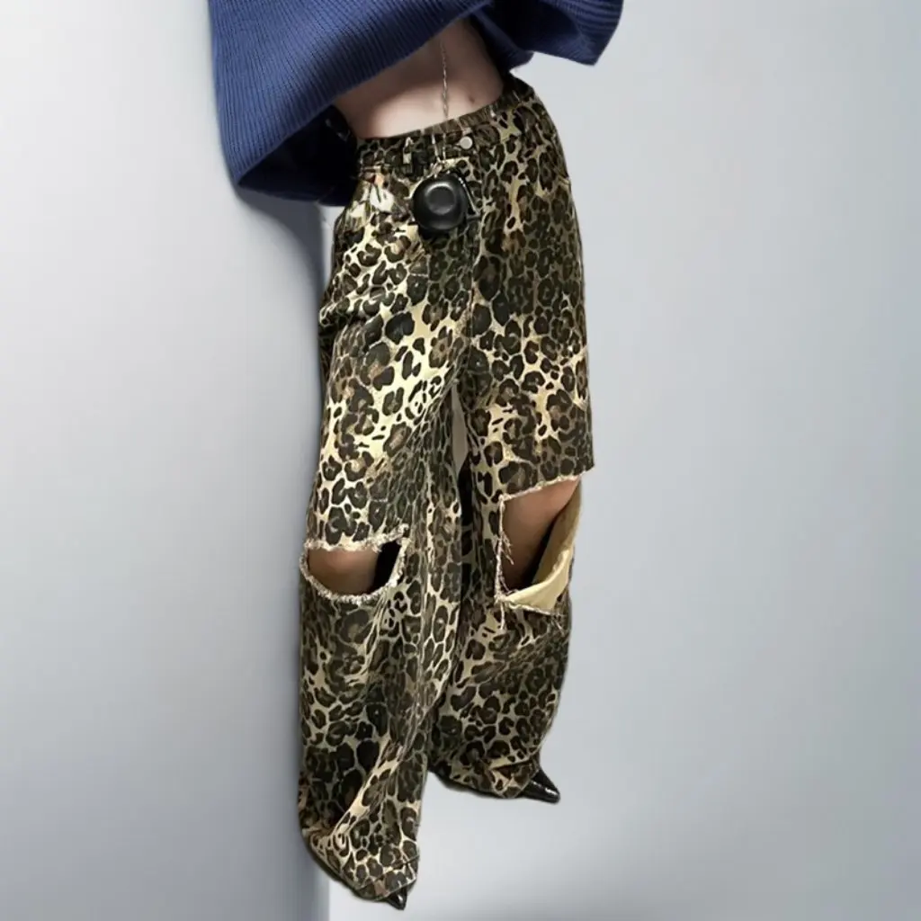 

Женские хипстерские рваные прямые свободные длинные джинсы с леопардовым принтом в европейском и американском стиле, уличная мода, новинка весны