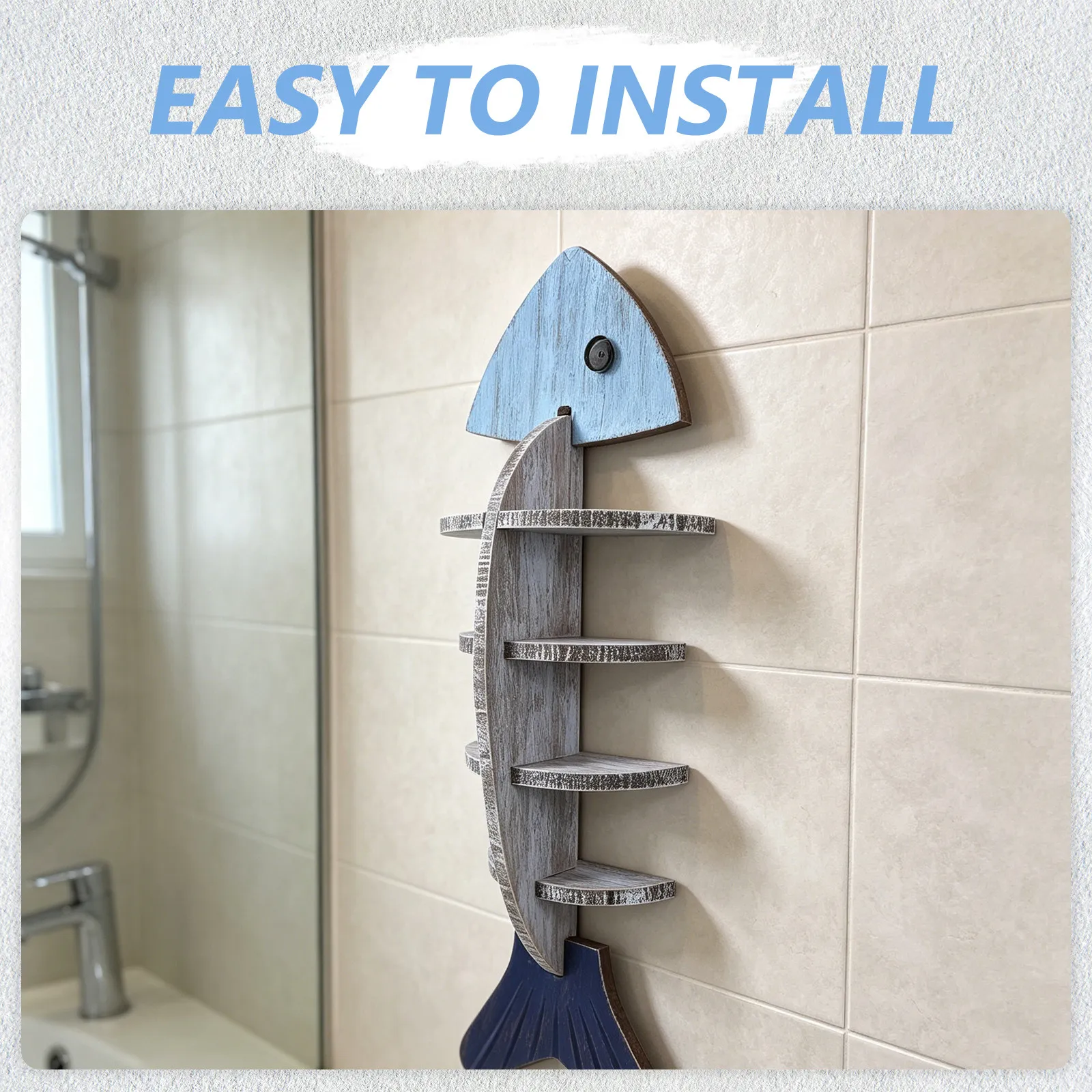 Fish-Shaped Wall Shelf Wooden Coastal Nautical Floating Display Rack Fishbone Design Organizer Bathroom Entryway Decor