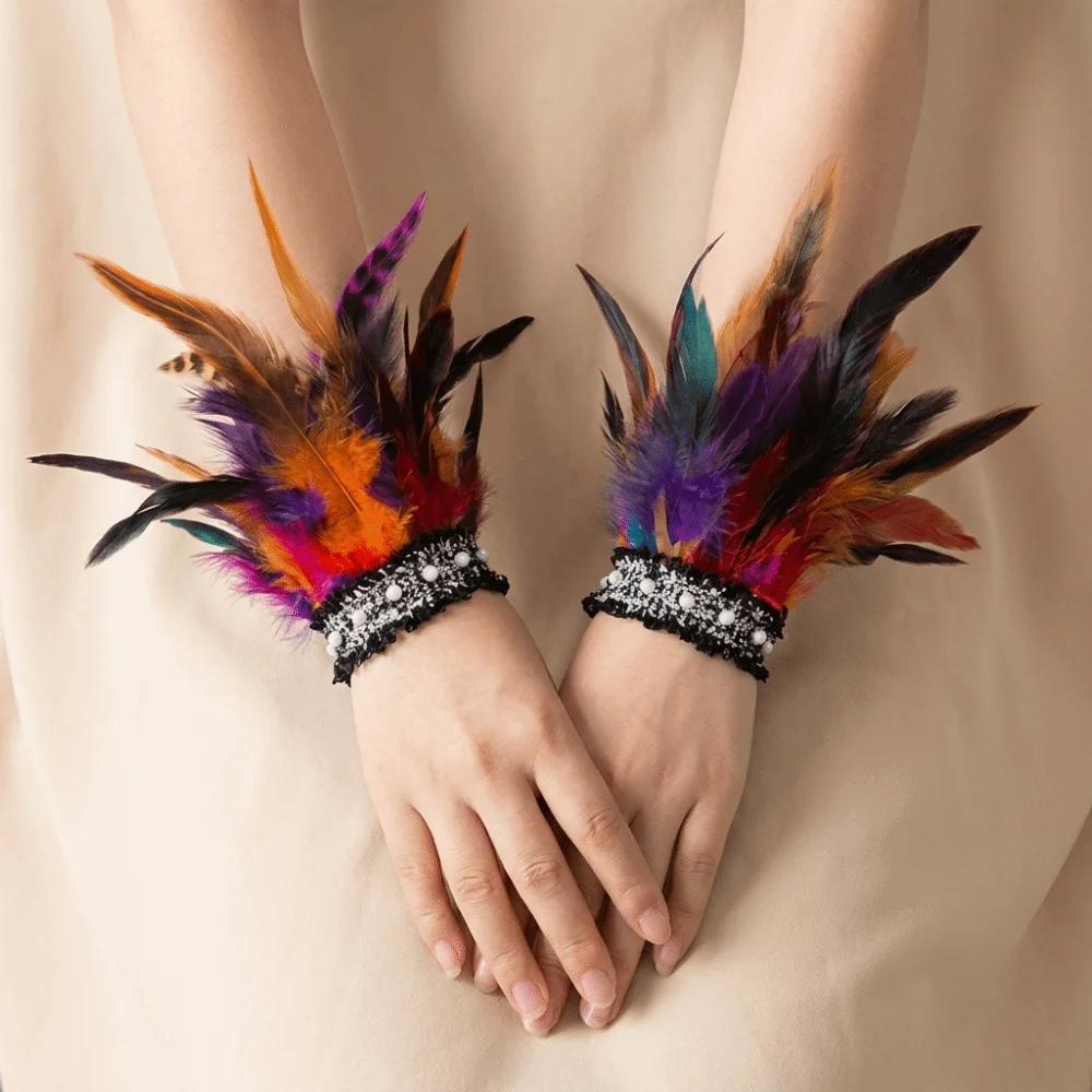 Vintage Lace Feather Wrist Cuffs Pearl Adjustable Halloween Arm Cuff Lightweight Gloves Wristband Carnival