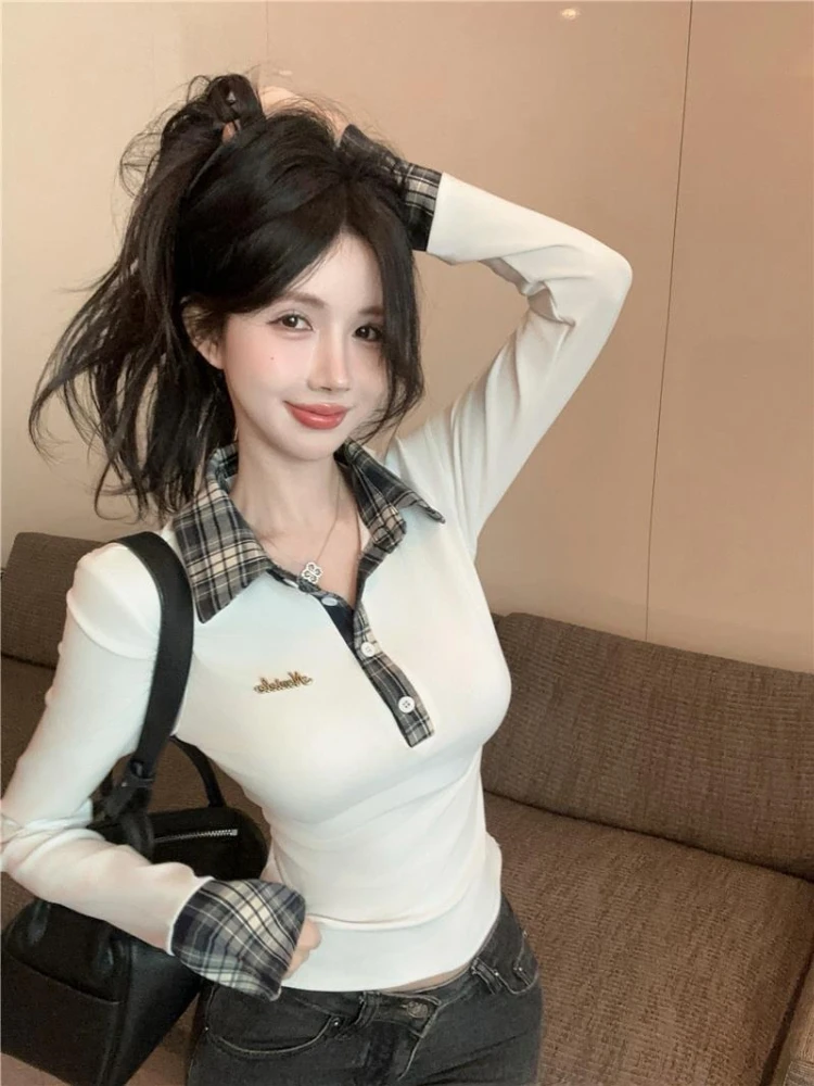 2026 Autumn Women's Design Polo Collar Long Sleeve T-Shirt Checkered Fabric Layered Fitted Base Layer​