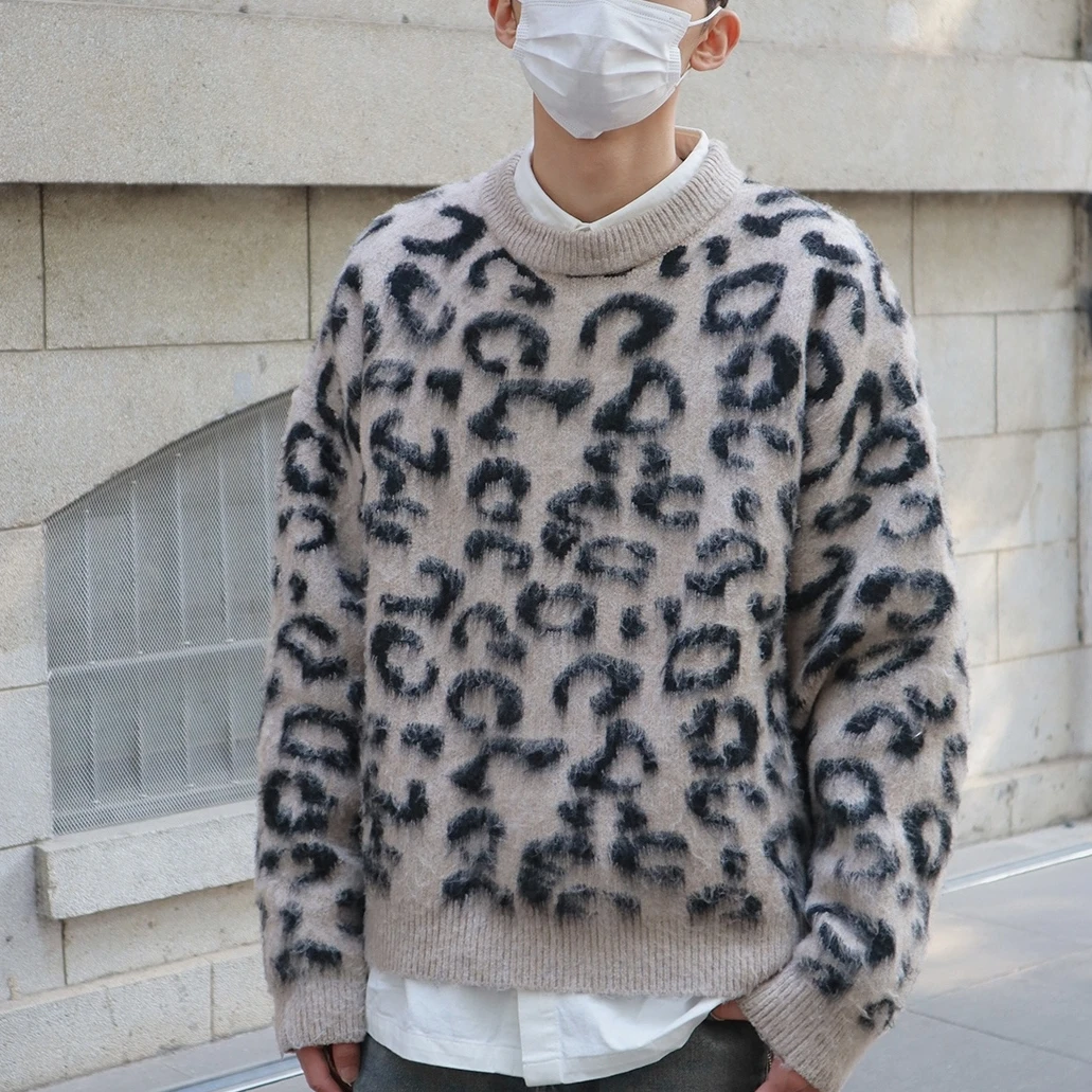 

Autumn Winter plus Size 300 Pou Loose Leopard Print round Ne Knitwear Big Size Heavyweight Sweater for Men And Women