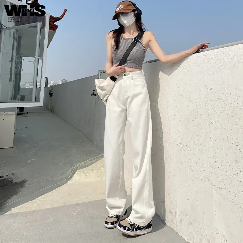 2024 New Straight Jeans Women White Plus size High Waist Loose Wide Leg Pants Spring Slimming Narrow Pants