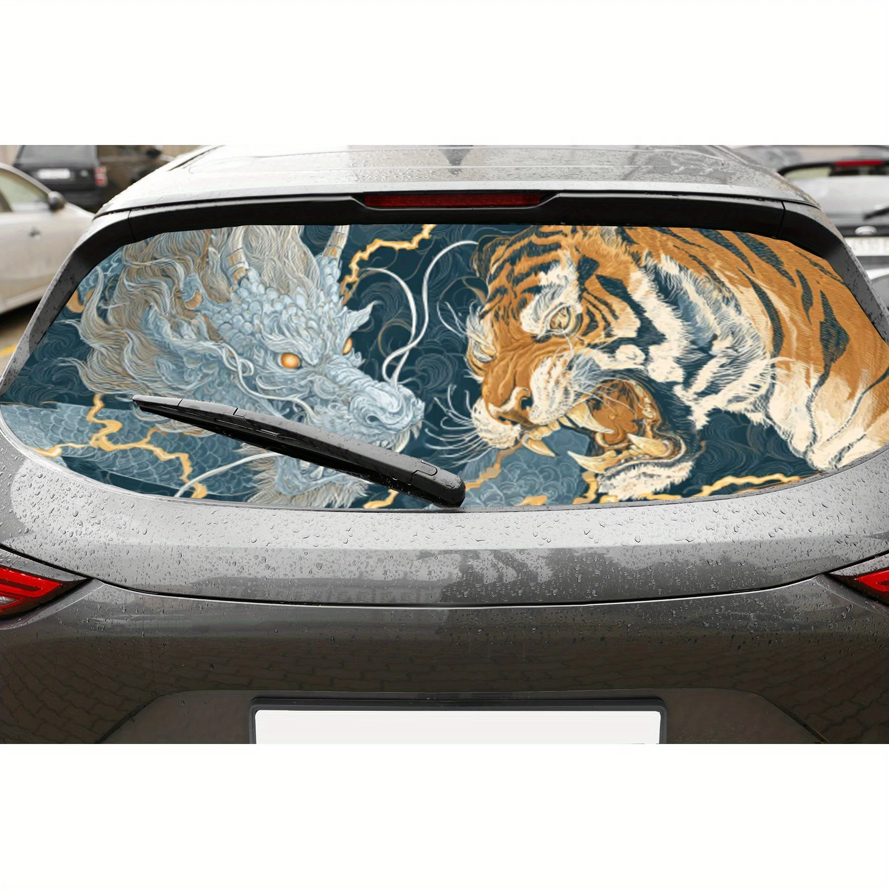 

Dragon - Tiger Duel Print ПВХ перфорированные автомобильные виниловые обертки, прочная наклейка на заднее лобовое стекло автомобиля, водонепроницаемая наклейка на заднее окно автомобиля,