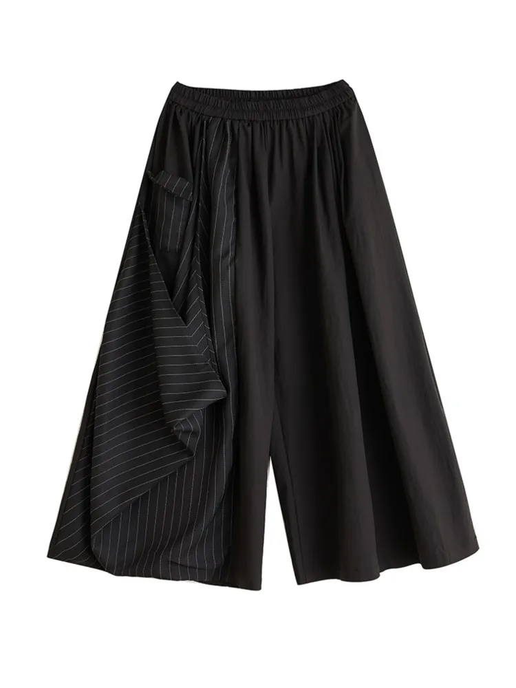 กางเกงขายาวทรงหลวมพิมพ์ลายทางสไตล์แฟชั่นสำหรับผู้หญิง  ผ้าผสม  ใส่สบาย  เอวยางยืด  ขากว้าง  เหมาะสำหรับฤดูใบไม้ผลิและฤดูใบไม้ร่วง