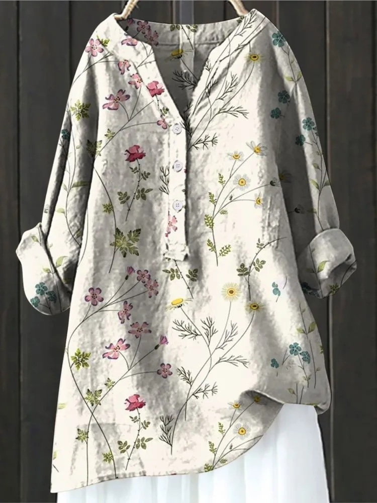 2024 Women\'s Autumn Winter New Fashion Printed Button Up Shirt Long Sleeved Bamboo Linen Casual Comfortable Top