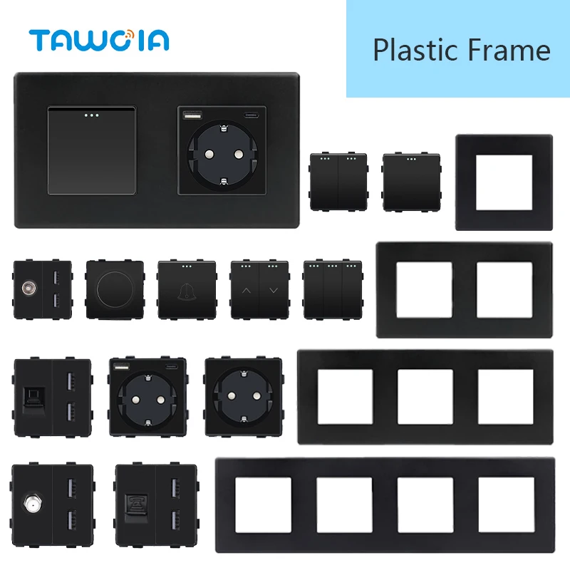 TAWOIA Enchufe de Pared Francés Negro EU con USB, 1/2/3 Tomas, Función de Interruptor Mecánico, Marco de Plástico Mate, Combinación Libre