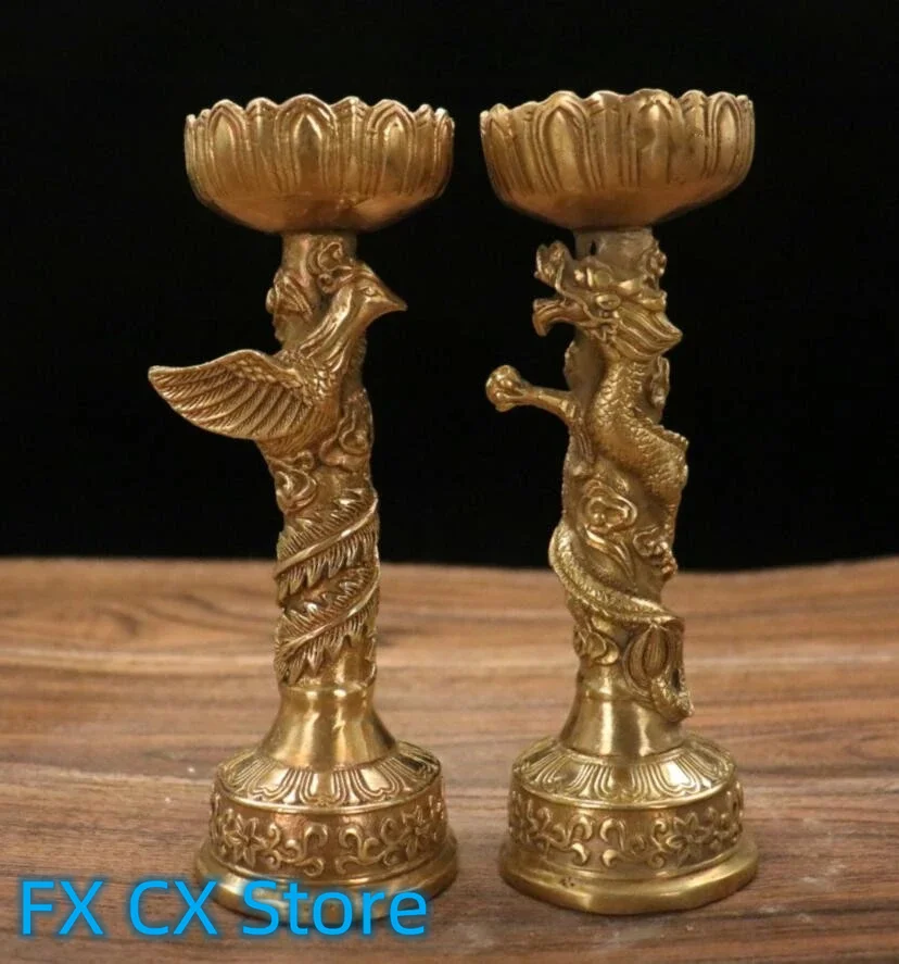 

A Pair Brass Dragon Phoenix Wax Candlestick Crafts Statue